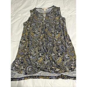 MICHAEL KORS Blue & Taxi Yellow Paisley Sleeveless Double Keyhole Blouse Sz Med